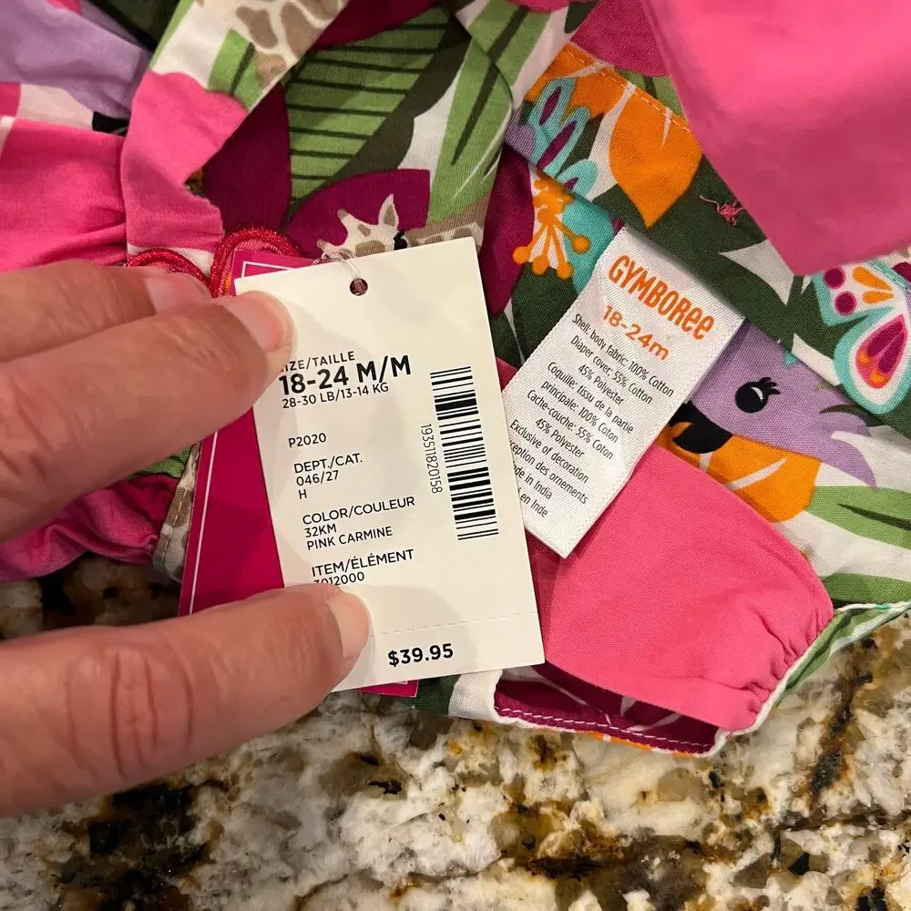 NWT Gymboree Pink/Green/Orange Tropical Flower Dress & Headband -18-24 Months